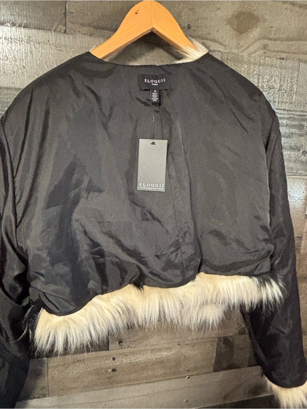 NWT Eloquii Black & Cream Striped Faux Fur Cropped Jacket 14 - Picture 14 of 16